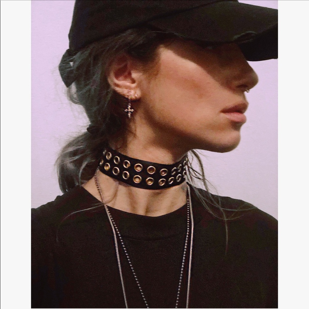 SOLD Black Leather Choker w/ Gold Grommets